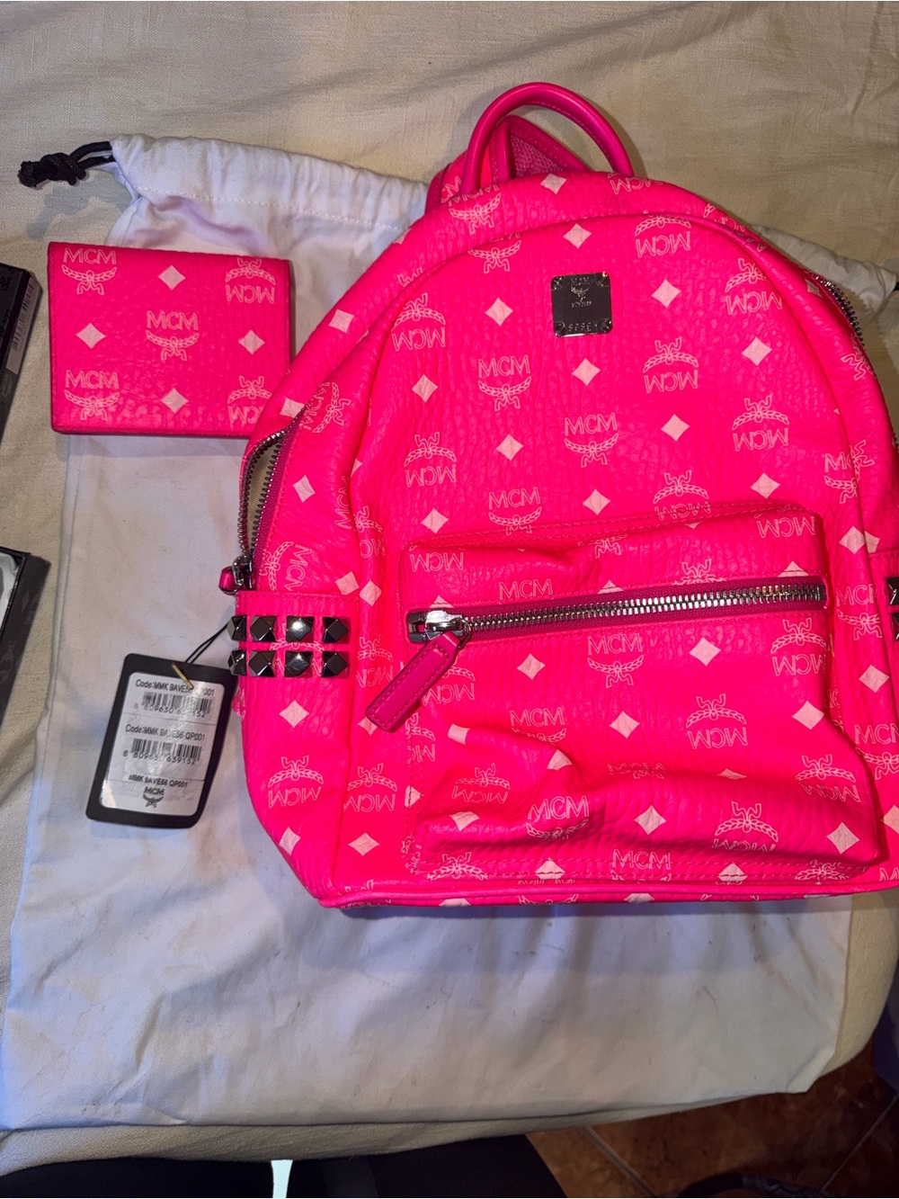 MCM Hot Pink Logo Backpack with Stud Details - Picture 3 of 8